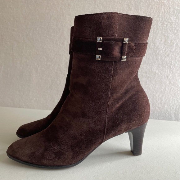 Talbots Shoes - Talbots Brown Suede Ankle Boots Booties Buckle Stacked Heel Classic Size 8 1/2